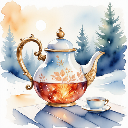 A fancy teapot with a swirl design shimmering under the winter sun. In the background, a simple wooden table stands near the snow