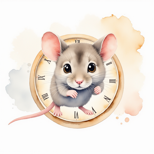 Capture the image of the mouse hurriedly running down the clock, its tiny legs in motion. The backdrop features the inner gears of a clock.