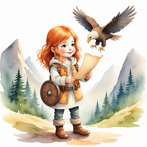 Bolda the Bright watches happily as the eagle delivers the crinkled scroll into her hands. In the background, rugged peaks stretch into the distance under a bright sky.