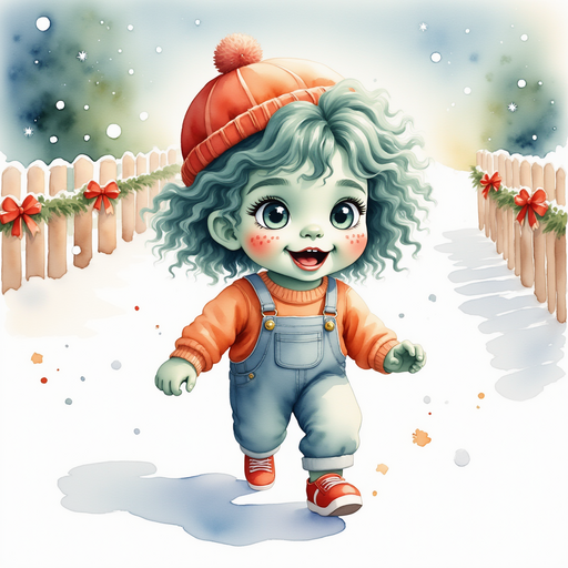 Zigzag Zander carefully steps through a fluffy snowdrift, calling out into the cold air. In the background, a fence decorated with bright holiday bows lines the path.