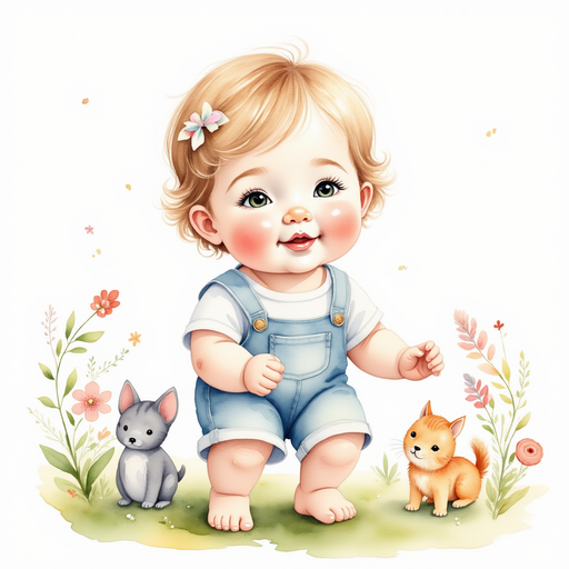 Rose, a little big-butt baby, is exploring her garden with a look of determination and curiosity. Various colorful flowers and small critters in the garden.