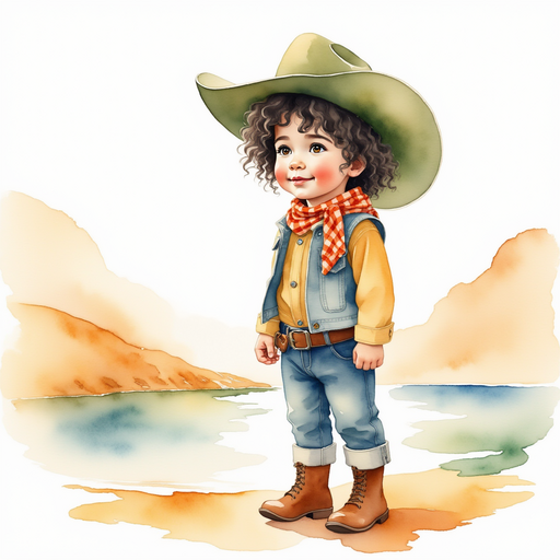 Cactus Cody stands tall in a wide hat, gazing at the shiny water. In the background, golden desert sand.