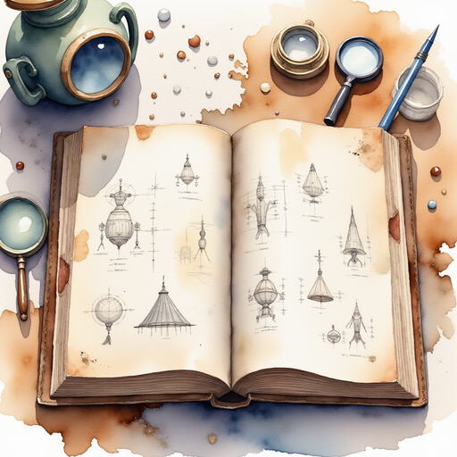 An old, worn-out journal with diagrams sits open on a workbench. In the background, magnifying glasses and scribbled notes.