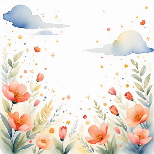 Twinkling dots float above the flowers. In the background, the sky shines with soft sunlight.