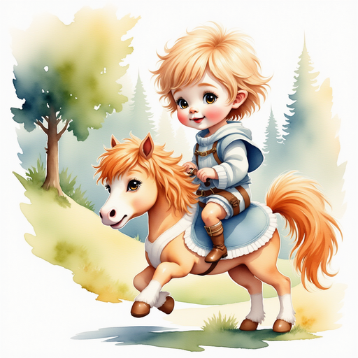 Sir Shiloh, the knight, confidently riding Harold as they journey towards the Enchanted Forest. In the background, a winding road disappearing into a lush, mysterious forest evokes a sense of adventure.