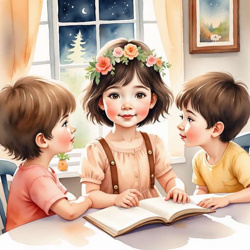 Illustrate Lily sharing her story with her three brothers at the dinner table, their eyes wide in amazement. In the background, rustic walls adorned with family pictures and a window showing night sky.