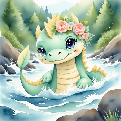 Nessie Sparkles being swept along a rushing river, looking determined. In the background, rocky riverbanks and a dense, green forest.