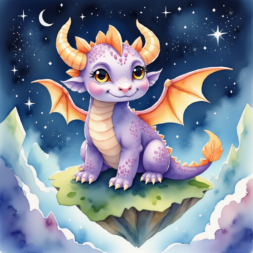 Ember Flare perched on a floating island, his purple scales gleaming under starlight. In the background, glowing crystal caves line the edges of the island