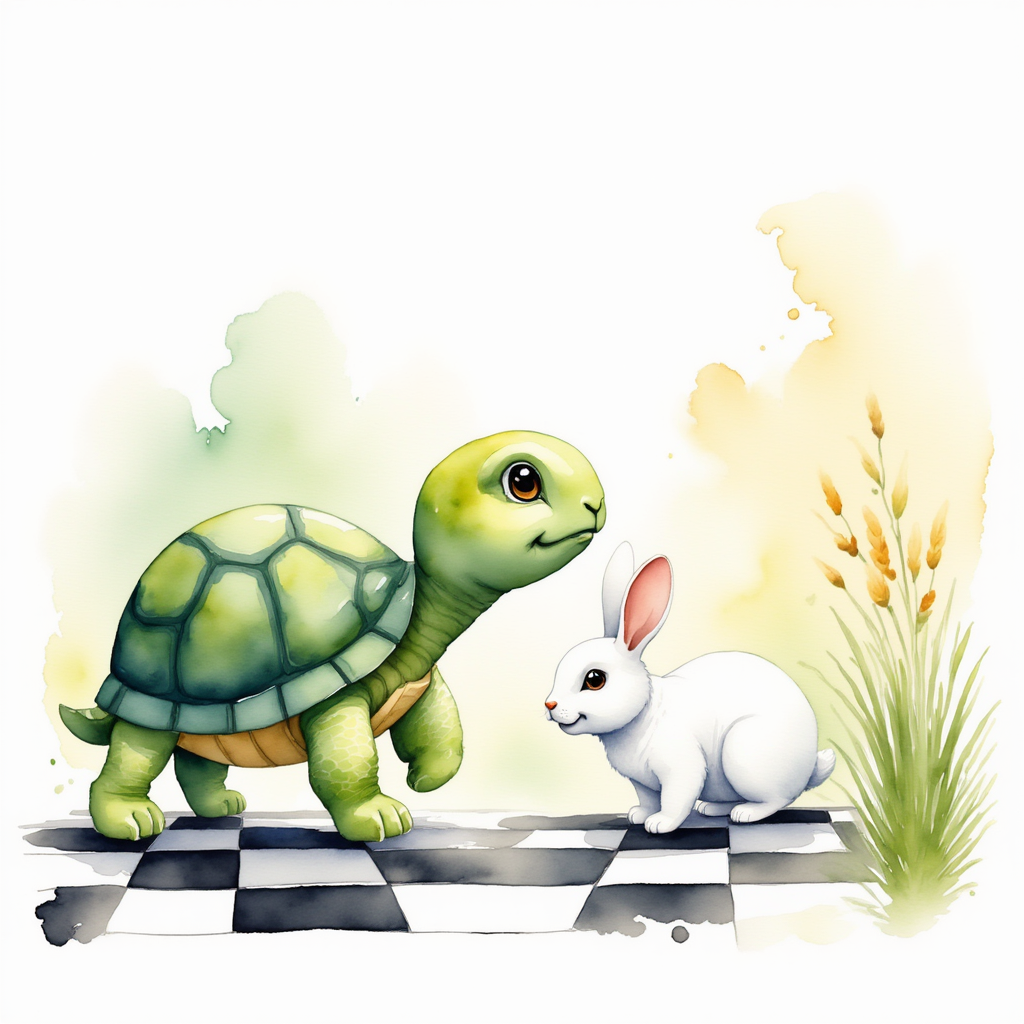 A green turtle and a white rabbit at the black and white checkered line starting a race