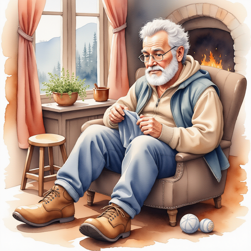 The master knitting a sweater by the fireplace in his home
