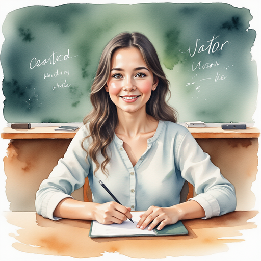 An adult school instructor - sitting in the classroom. In the background, the blackboard is filled with white chalk writing.