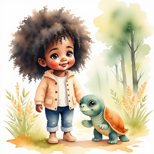 Amber, smiling warmly at Bonnie the Turtle, standing together in a clearing. In the background, a glowing path through the magical forest.