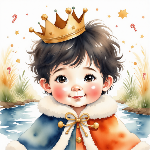 Show King Doodle Bum by the river, waving happily. In the background, there are bright candy canes.
