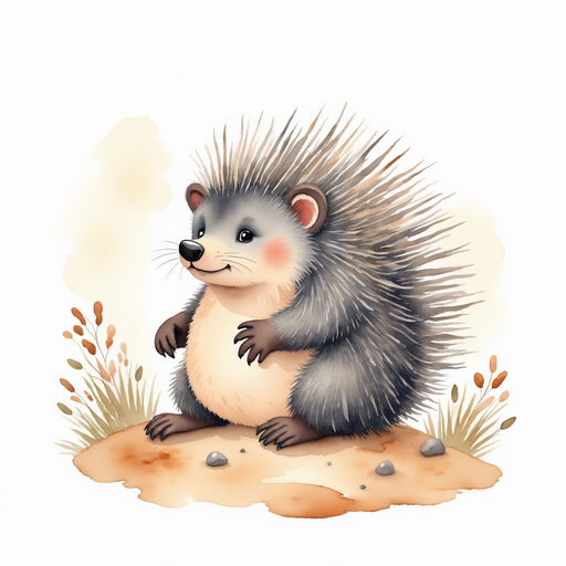 The porcupine holding its tummy gently. In the background, soft brush and tiny rocks