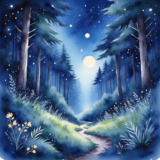 An enchanted forest illuminated under moonlight, glowing with an ethereal, magical aura. Dark sky dotted with stars
