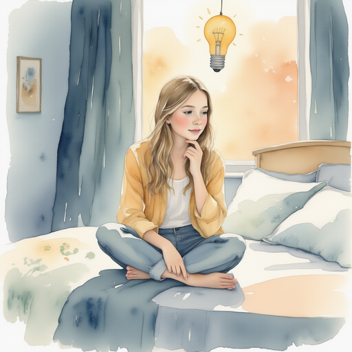 Vivian sitting on her bed, deep in thought, with a light bulb above her head.