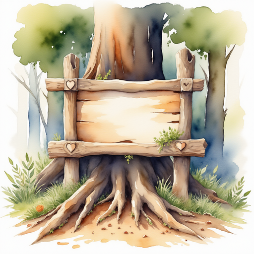 A weathered wooden sign with delicate heart carvings. In the background bulky tree roots grip the earthen floor