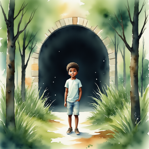 Michael standing in front of a dark tunnel, looking scared.