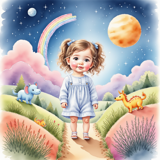 Sofia standing on the Rainbow Planet, surrounded by colorful creatures.