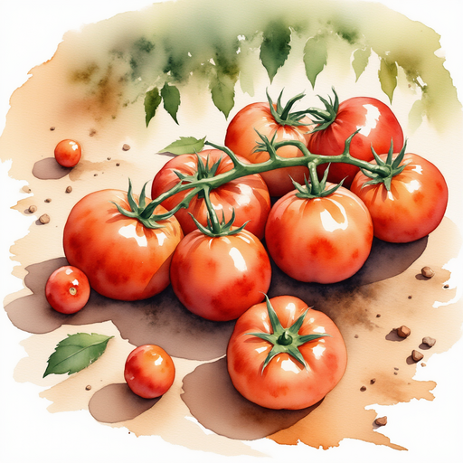 A cluster of droopy tomatoes resting on cracked soil. In the background, patches of earth and scattered leaves.