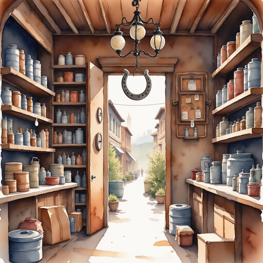 A battered horseshoe displayed above the store’s entrance, shiny in the dusty light. In the background, rows of shelves are filled with tin cans and supplies.