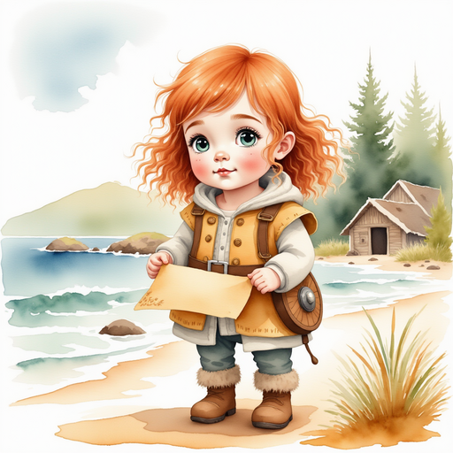 Bolda the Bright holding a folded map in her hands, looking determined. In the background, a simple wooden hut by the shore