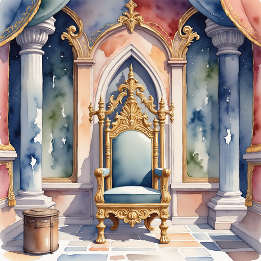 An ornate and silent throne embodying the absence of music in the queen's palace. In the background are cold stone walls adorned with muted tapestries.