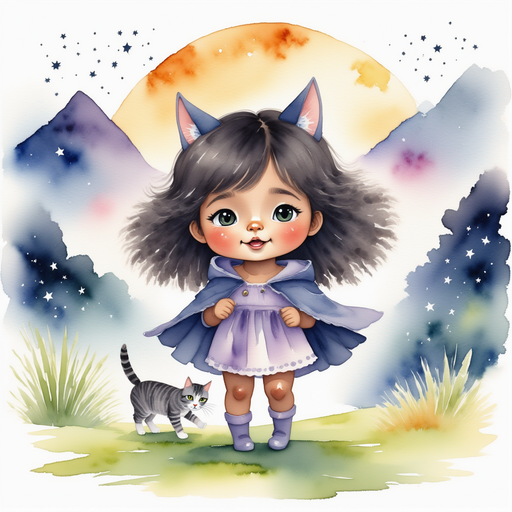 Luna Lighthug - who is black - stands on a grassy hill, looking up at the bright moonlight. In the background, rolling mist swirls around tall mountains.