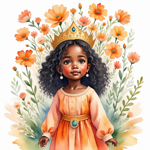 Queen Neena stands under a bright cluster of flowers, gazing upward with curiosity. In the background, streams shimmer around blooming vines.