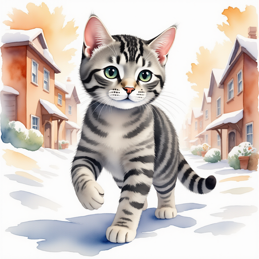 Illustrate Smokey setting out on his adventure, stepping resolutely into the morning light. In the background, an awakening quiet suburban street covered with a layer of snow.