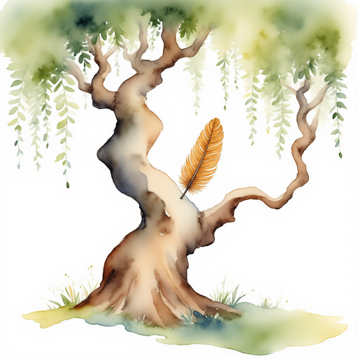 A twisty, gnarled tree trunk with a single golden-striped feather resting on it. In the background, leafy branches overlap like arches.