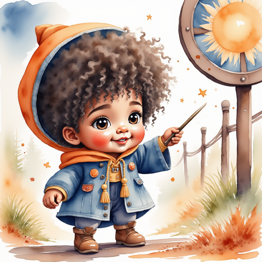 Show Zippy Zapata pointing his wand at the sign. In the background, tall train wheels rest against shining tracks