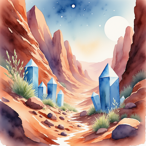 Strange, glowing crystals nestled within a Martian canyon. In the background, rugged Martian cliffs rise sharply against the sky.