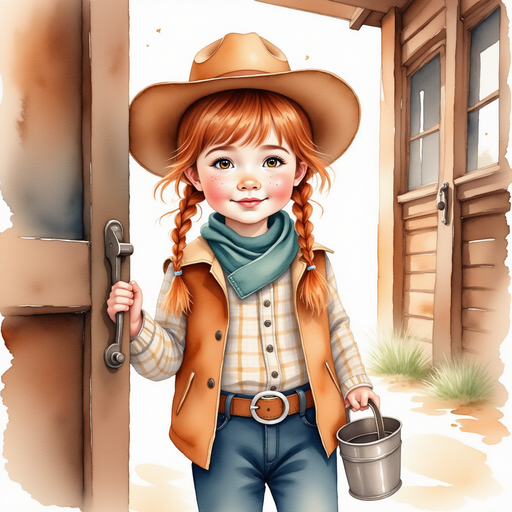Calamity Kate pushes open the barn door, holding a bucket of water. In the background, wooden stalls line a rugged barn interior