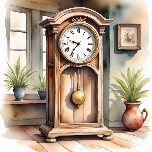 Illustrate a charming, old-fashioned clock with intricate details, standing tall on a table. A cozy, rustic room with worn wooden floors.