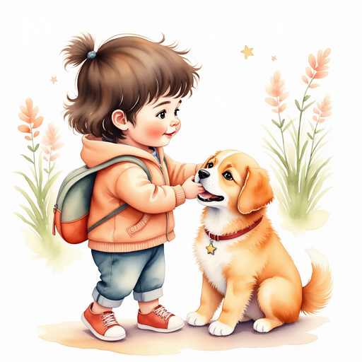 Illustrate Sid gently petting a fluffy puppy wagging its tail in happiness. In the background, a bright, sunny garden with blooming flowers.