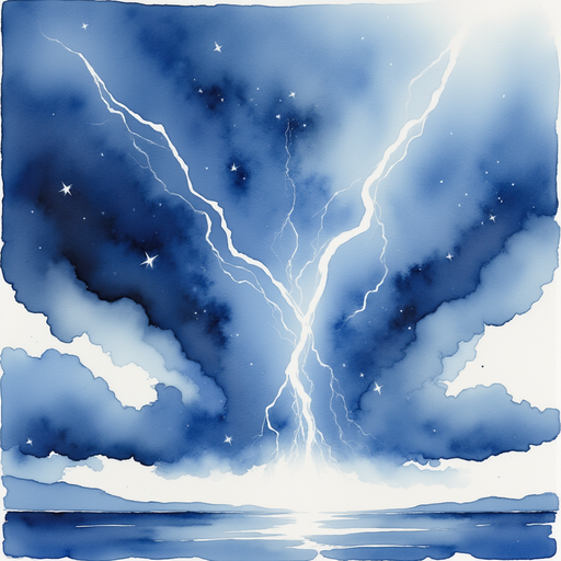 A mass of storm clouds with jagged streaks of distant lightning. In the background the wide horizon