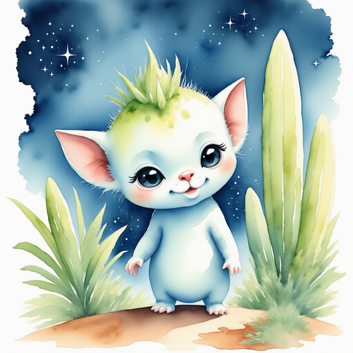 Show Zibloo peering curiously around the tall plant In the background, the twilight sky shimmers with early stars