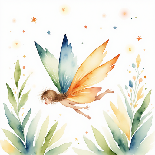 Colorful pixie wings flutter among the branches. In the background, soft sparkles float in the air