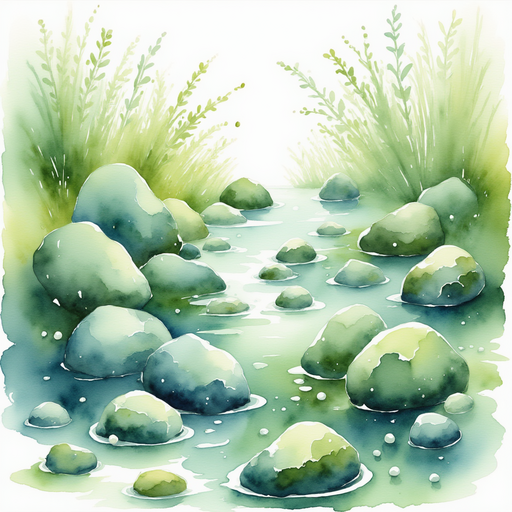 Shiny greenstones dotted with tiny beads of water. In the background, damp moss adds a soft, lively glow.