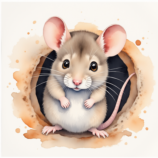 Depict the mouse emerging from a tiny hole in the wall, sniffing the air curiously. Dusty attic space with stored boxes in the background.