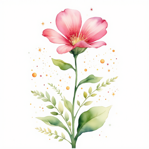A heart-flower with glittery pink petals stands tall and bright. In the background, leafy vines sway in a magical breeze.