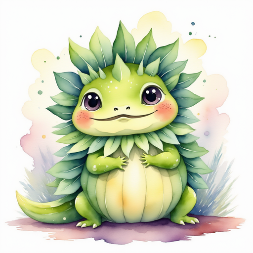 Show Blossom Sprout, a friendly plant monster, with a big grin. In the background, gentle swirls of purple sky.