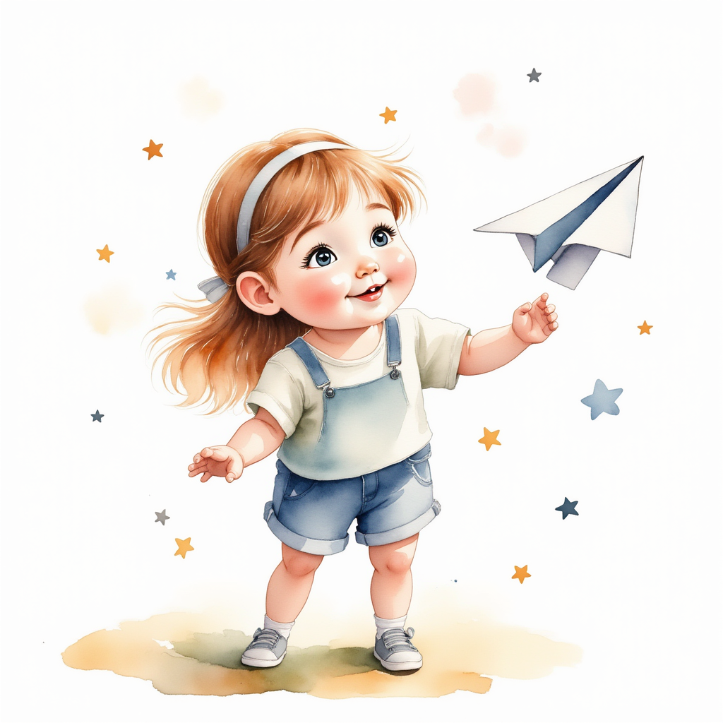 Depict a little girl playing with a paper airplane. Make sure each hand has only four fingers and one thumb.