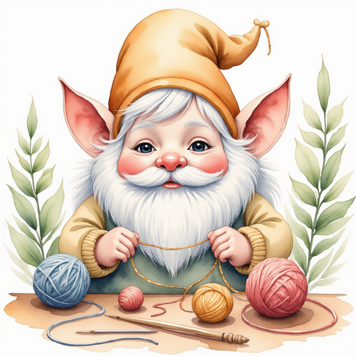 Harriet knitting with delicate spider silk, a look of determination on her face. In the background, various colorful threads and knitting needles are neatly arranged on a table.