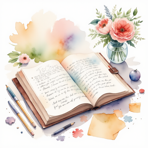 An open book with colorful sketches and handwriting inside, surrounded by scattered notes and memory tokens. A writing desk with a vase of fresh flowers.