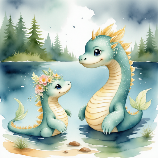 A few kind people standing on the shore, talking with Nessie Sparkles near the water’s edge. In the background, tall pine trees and stormy skies.