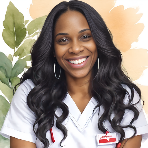 Nurse Taylin close-up portrait nurse scrubs long, wavy hair smiling