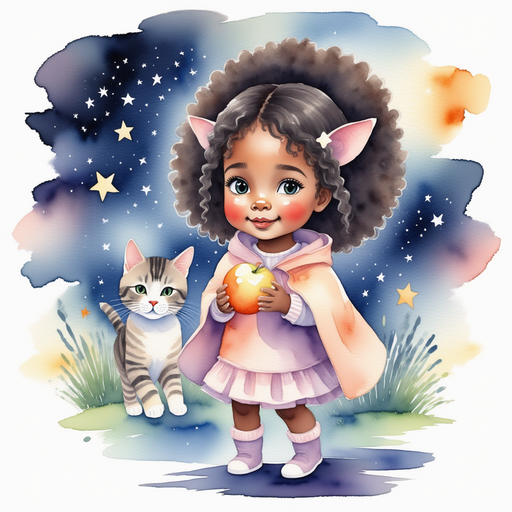 Luna - who is black - i holding the golden apple close to her chest In the background, dancing fireflies flicker