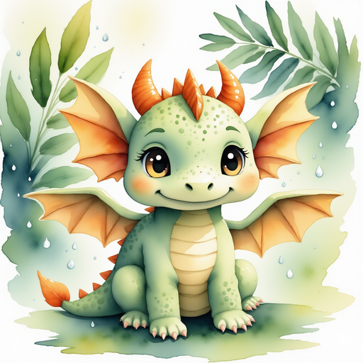 Ember looks up at the stormy sky, her wings shaking slightly. In the background, raindrops splash on large leaves.